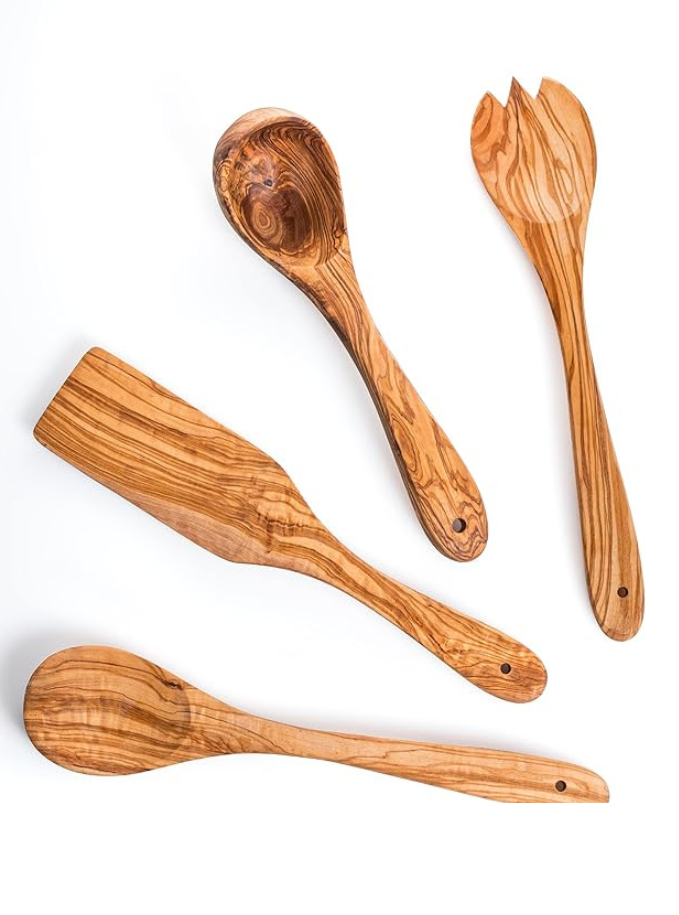 4 Cuillères de Cuisine Fait Main en Bois Naturel d'olivier Maison zéro déchet