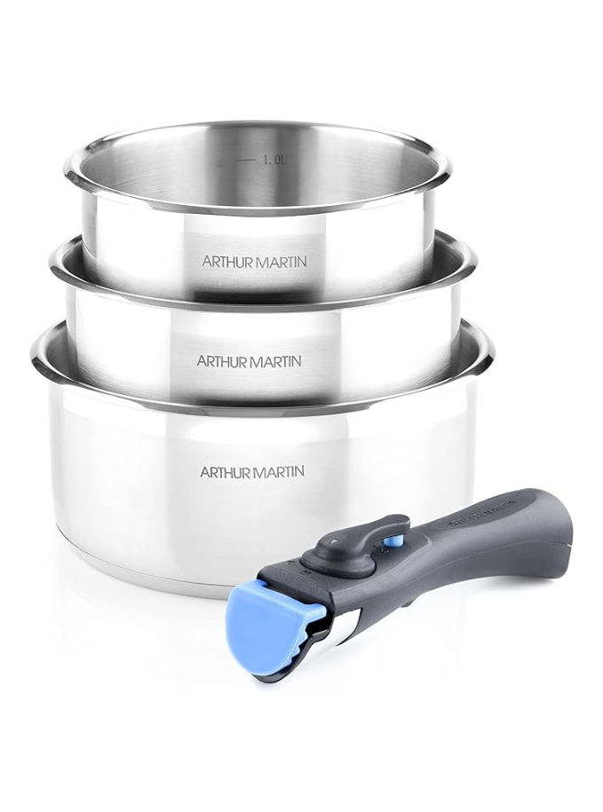 Arthur Martin, Batterie de Cuisine 4 Pièces en Aluminium Forgé, Intérieur Satiné avec Graduation.