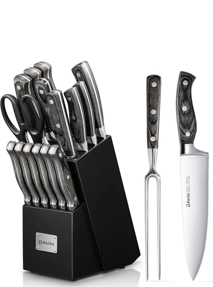 Couteaux 16 Pièces, Bloc en Bois, Acier Inoxydable Set Couteaux Cuisine Maison zéro déchet