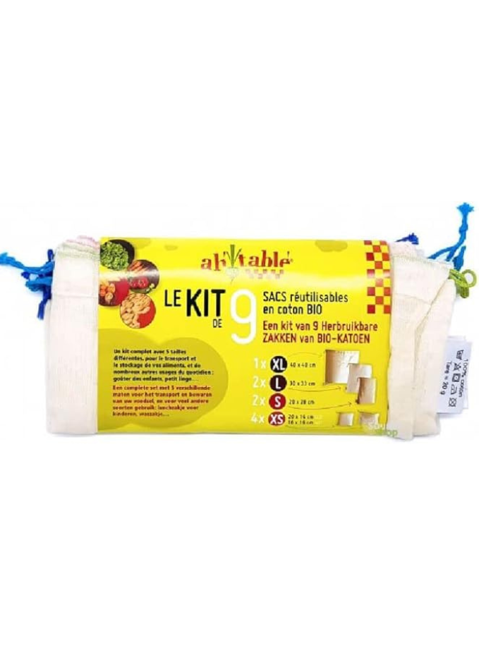 Le Kit de 9 Sacs Réutilisables en Coton Bio x1 Maison zéro déchet