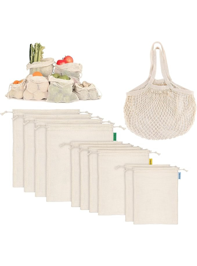 Lot de 11 sacs à fruits et légumes, réutilisables, en coton Maison zéro déchet