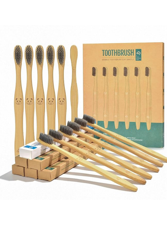 Lot de 12 brosses à dents au charbon de bois en bambou Maison zéro déchet