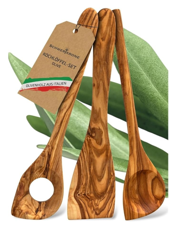 Lot de cuillères en bois d'olivier italien, spatules en bois, ustensiles de cuisine - Maison zéro déchet