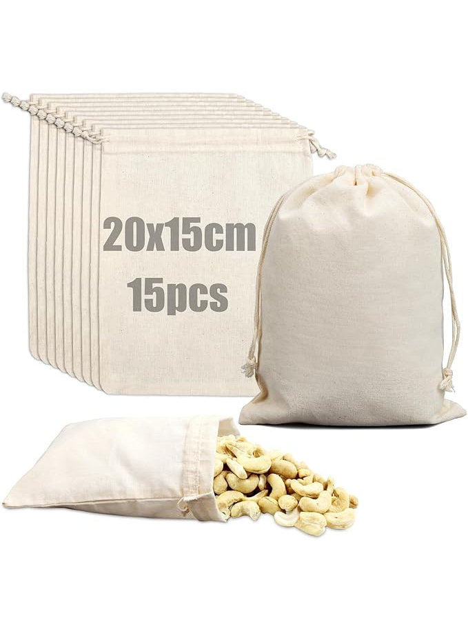 Pochon Coton 20 x 15cm- 15 Pièces Pochon Tissu Sacs en Lin Maison zéro déchet