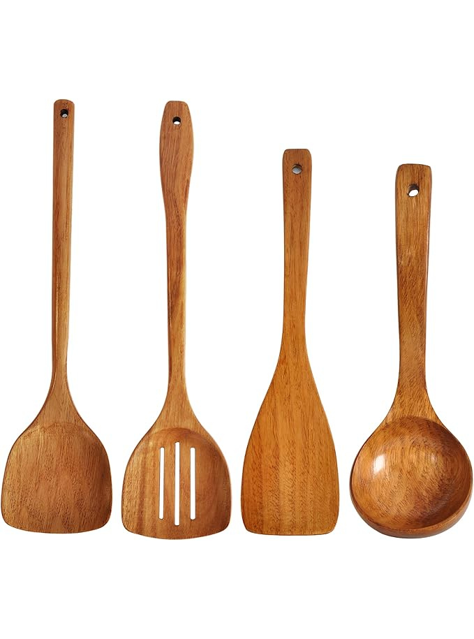 Set de 4 ustensiles de cuisine - Spatule en bois, spatule ajourée Maison zéro déchet