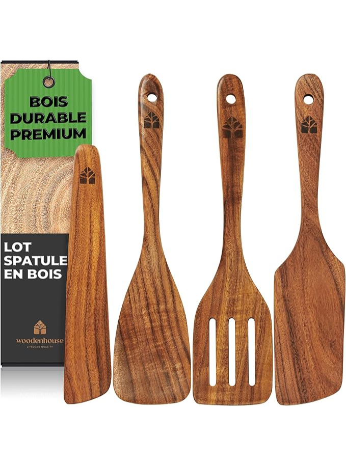 Spatules en Bois - Lot de 4 Ustensiles de Cuisine Bois Anti-Rayures - Set de 4 Spatules - Maison zéro déchet