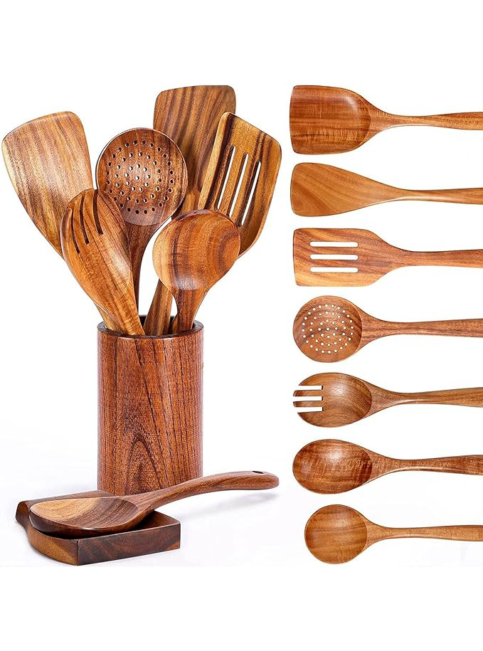 Tiamu Lot de 9 Ustensiles de Cuisine en Bois avec Support, Cuillères en Bois de Teck - Maison zéro déchet