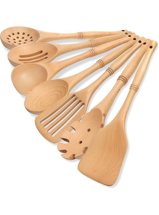 Ustensiles de Cuisine Bois, Set de 7 Cuillère en Bois pour la Cuisson avec Spatula et Ladle Maison zéro déchet