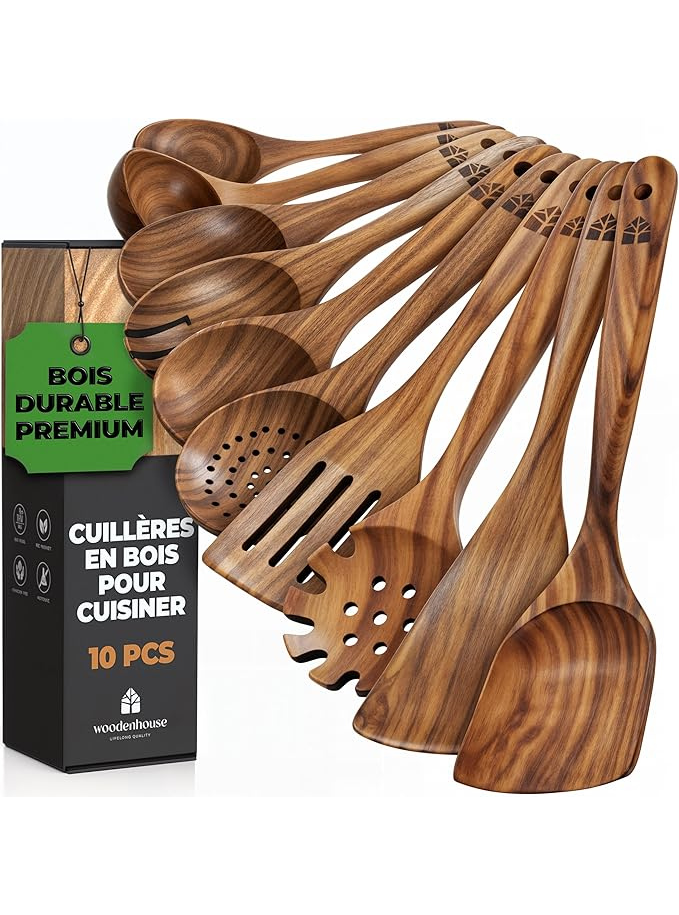 Ustensiles de Cuisine Bois - Set de Cuisine Premium 10 Pièces - Maison zéro déchet