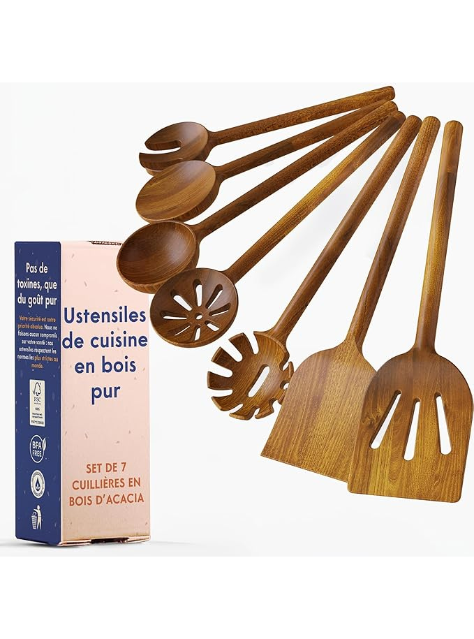 Ustensiles de Cuisine en Bois Non Toxiques – Lot de 7 Cuillères et Spatules en Acacia Maison zéro déchet