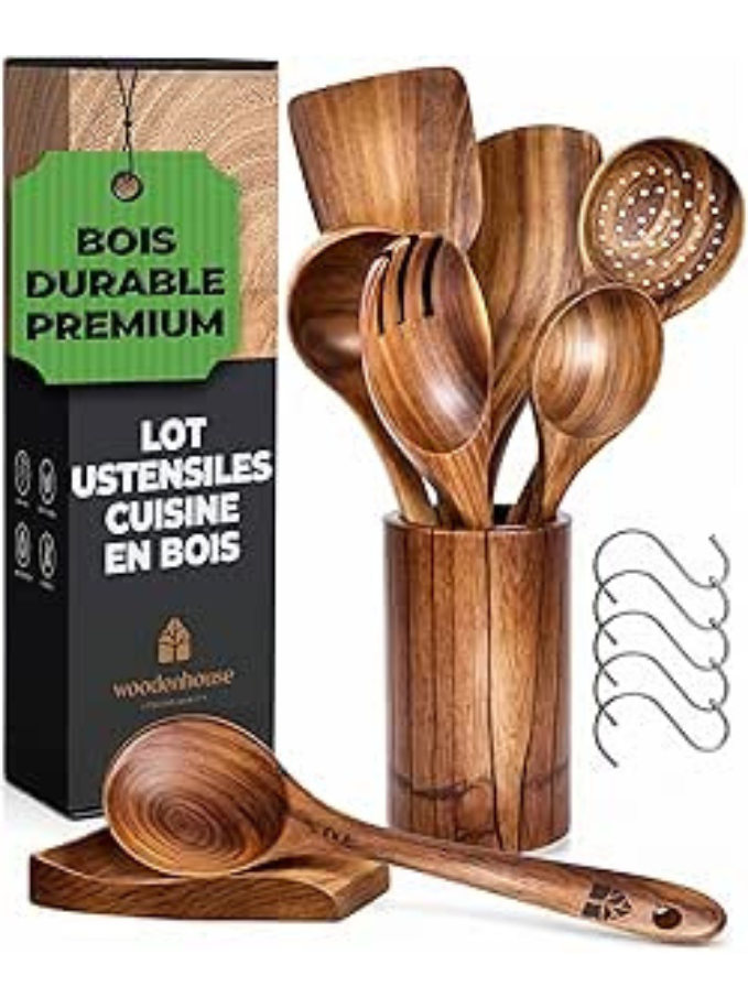 Ustensiles en Bois de Teck avec Support et Repose Cuillère - Cuillères et Spatule pour la Cuisine - Maison zéro déchet